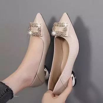 Spring and Autumn new two wear shallow single shoes women s work shoes square buckle rhinestone thick heel middle heel pointed versatile high h 34