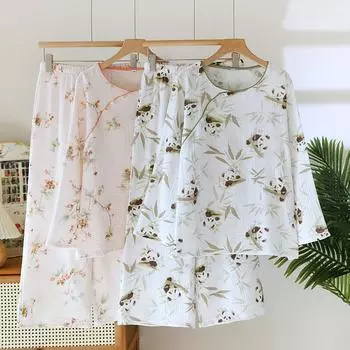 Spring and Autumn New Women s Cartoon Pajamas Set 100% Cotton Crepe Chinese Style Long Sleeves and Trousers Two-piece Set for Women L розовый