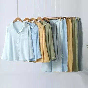 Весна и осень Новый женский пижамный комплект 100% хлопок однотонный цвет лацкан длинные рукава брюки домашний декор комплект из двух предметов L