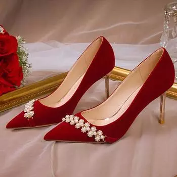 Spring and Autumn New Women s Pearl Chinese Bridal High Heels Fashion Trend Thin Heels Pointed Shallow Mouth Pumps Wedding Shoes 34