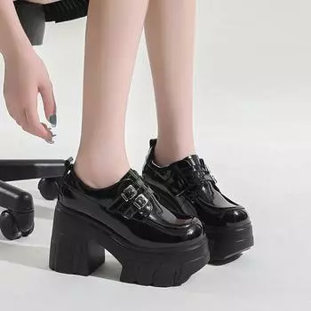 Весна и осень Новая женская обувь 2024 Высококачественная модная однотонная обувь с круглым носком и толстым каблуком с пряжкой Женская обувь на высоком каблуке 34 чёрный