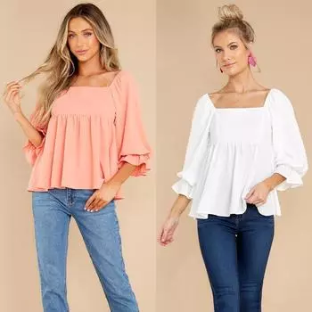 Spring and Autumn New Women s Tops Simple Mid-sleeved Solid Color Shirt Square Collar S белый