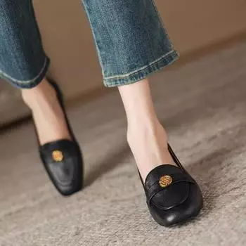 Spring and Autumn One-step French Style Lightweight Soft-soled Leather Shoes Temperament Fashionable Women s Retro Thick-heeled Shoes 35 чёрный