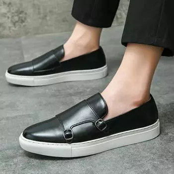 Spring and autumn polish double buckle flat-bottomed foot loafers casual leather shoes casual lazy board shoes 38