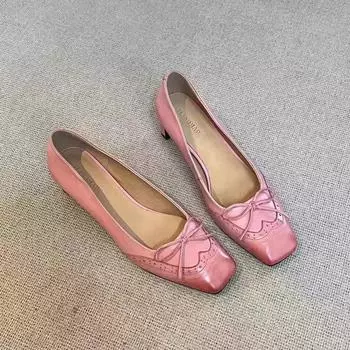 Spring and Autumn Round Head Leather Low Heel Bow Shallow Mouth Comfortable Fashion Ballet Shoes Simple Fashion Women s Shoes 35