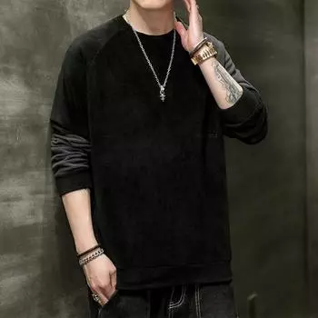 Spring and Autumn Round Neck Long Sleeve Sports and Casual Ao Fleece Pullover Sweatshirt Men Loose Men Base Shirt Trendy M чёрный