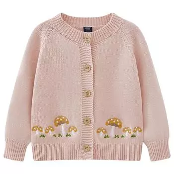 Spring and Autumn Round Neck Mushroom Embroidery Infant and Child Knitted Cardigan Pure Cotton Versatile Girls Jacket S