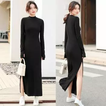 Spring and Autumn Sexy Hip-Wrapped European and American-Style Small High Collar Dress Black M