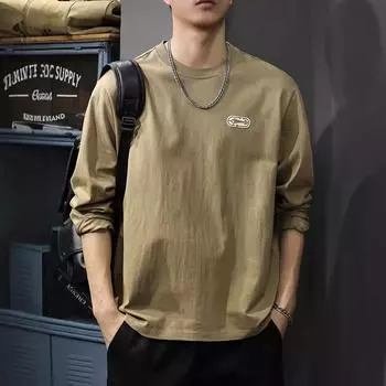 Весенне-осенняя простая футболка с длинным рукавом, мужская осенняя хлопковая свободная рубашка, американский повседневный принтованный свитер M темно-синий