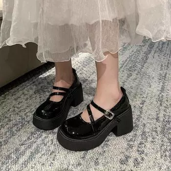 Spring and Autumn single shoes women s British style uniform small leather shoes fashion round head thick sole one-word buckle strap thick heel 35 чёрный