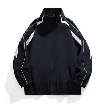 Spring and Autumn Splicing Stand-up Collar Casual Solid Color Jacket Couple Jacket S тёмно-синий