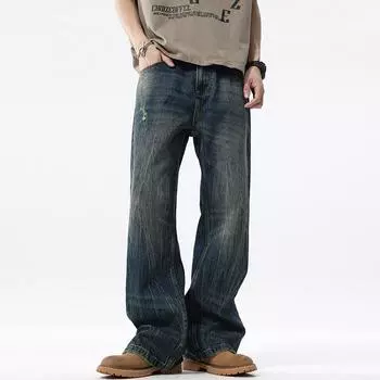 Spring and Autumn Street Lightning Water-Wire Handsome Simple Heavy Monkey Loose Straight Jeans 28 синий