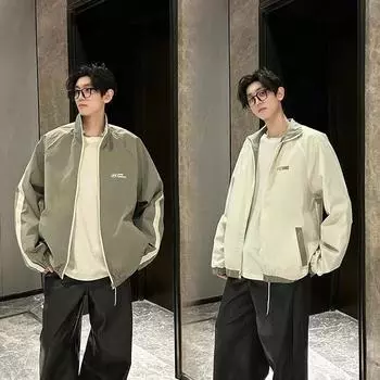 Spring and Autumn Striped Spliced Printed Coat Men s and Women s Stand-up Collar Jacket Casual Versatile Double-sided Wear M чёрный