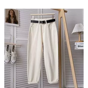Spring and Autumn Summer High Waist Loose Straight Harem Jeans Apricot white regular style S