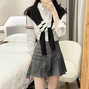 Spring And Autumn Thin Striped Knitted Shawl, Preppy Style, Age-Reducing Outer Layer, Knitted Knot, Interspersed With Neck Guards, Shoulder Scarves темно-синий