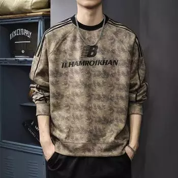 Spring And Autumn Washed Tie-Dye Printed Sweater Men S American Trendy Brand Striped Shoulder-Plugged Long-Sleeved T-Shirt Loose Bottoming Shirt S коричневый