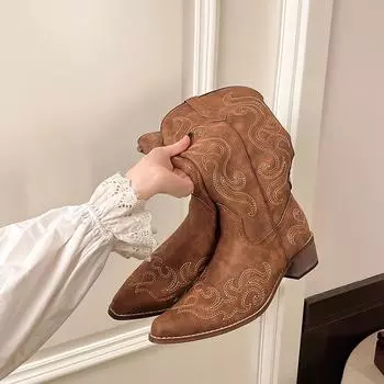 Spring and Autumn Winter New Style Fashion Coarse Heel Thin Tall Long Boots Not Over Knee Embroidered Retro Western Cowboy Boots 35