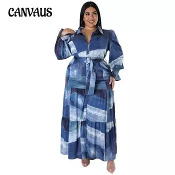 Spring and Autumn Women s Dress Large Size Shirt Dresses Gradient Color Dresses