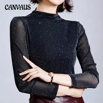 Весенне-осенняя женская рубашка с высоким воротом и внутренней сеткой M синий