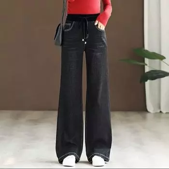 Весенние и осенние женские свободные джинсовые брюки с эластичной резинкой на талии 34 чёрный