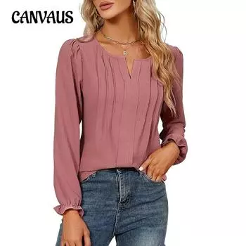 Весенне-осенняя женская рубашка больших размеров, повседневная, однотонная, с V-образным вырезом, длинными рукавами, в полоску S розовый