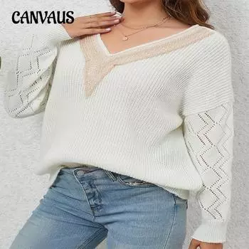 Весенне-осенний женский свитер больших размеров с V-образным вырезом, свободный повседневный трикотажный свитер S белый