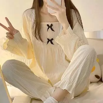 Spring and Autumn Women s Princess Style Bow Tie Pajamas Homewear Two-Piece Set of Girls Students Casual Pajamas Homewear M