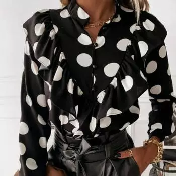 Spring and Autumn Women s Pullover Polo Solid Dot Contrast Ruffle Button Shirring Lantern Long Sleeve T-shirt Underlay Tops S