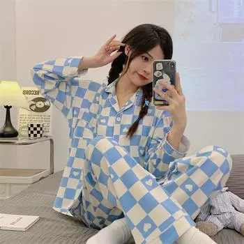 Spring and Autumn Women s Sweet Dopamine Plaid Love Pajamas Homewear Set Girls Large Size Loose Pajamas Homewear Set M