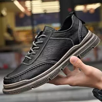 Spring and Autumn Youth Fashion Casual Leather Shoes Outdoor Sports Trend Leather Men s Shoes Retro Lace-up Low Top Round Head Single Shoes 38