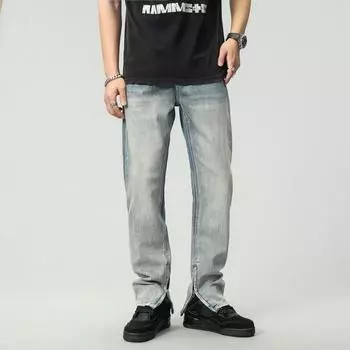 Spring and Autumn Zipper Slit Micro-Flared Jeans Men s Loose Straight American Retro High Street Niche 28