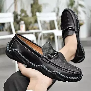Spring and summer 2025 new casual explosion pure hand-sewn leather men s shoes large size octopus beanie leather shoes 38 чёрный