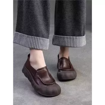 Spring and summer 2025 new soft leather flat-soled one-pedal lazy square mouth shoes thick-soled casual bag head literary women s single shoes 35 темно-коричневого