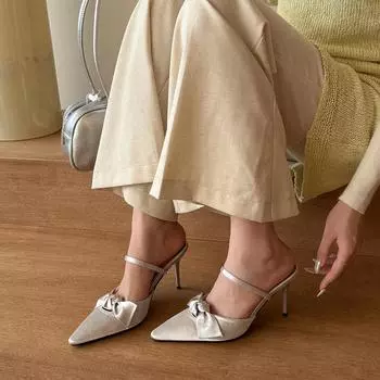Spring and summer 2025 new thin heel bag head half slippers women s satin surface sweet bow pointed head temperament high heels 35
