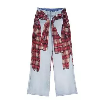 Spring and Summer American Digital Printed Plaid Shirt Jeans Men s Straight Loose A-line Pants S