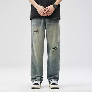 Spring and Summer American High Street Beggar Ripped Jeans Boys Loose Straight Retro Large Size Trousers 28