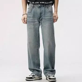 Spring and Summer American Style Design Loose Straight Jeans Men s Retro Wrinkle Drooping Trousers 28 синий