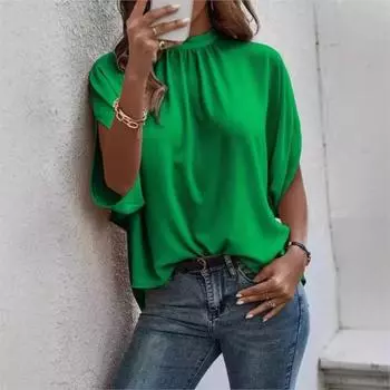 Spring And Summer Casual Green Round Neck Short Sleeved Loose Shirt 2025 Women s Fashionable Printed Split Bat Sleeve Blouse Y2k S