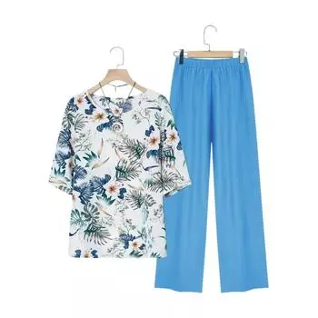Spring and Summer Casual Set with Printed Short Sleeves and Long Pants XL