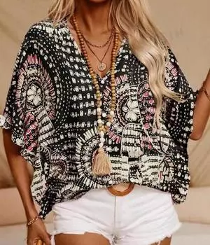 Spring And Summer Casual V-neck Printed Loose Top For Women L чёрный