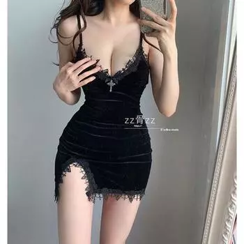 Spring and Summer Clothing Lace Sexy Bar Sling Miniskirt Female Fashion Ins Fashion Silm Temperament Split Dress Black S