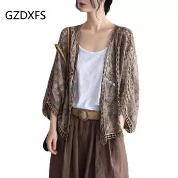 Spring and Summer Cotton Embroidery Lace Cardigan Short Bat Sleeve Loose Shawl 7 Split Sleeve Air Conditioner Sunscreen Clothes Cover Female One size