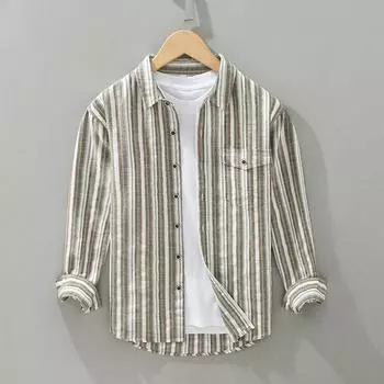 Spring and Summer Cotton Linen Men Tops Japanese Style Vintage Striped Long Sleeve Shirt Male Daily Square Button Shirt with Pocket M