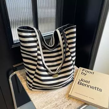 Spring and Summer Double-Sided Stripes Canvas Bag Women s Large Capacity Idle Style Tote Bag Student Casual Commuter Shoulder Bag Black