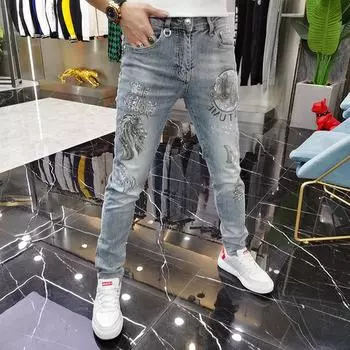 Spring and Summer European and American Jeans Men s Hot Diamond Printing Fashion Handsome Casual Slim Feet Trousers 31 синий