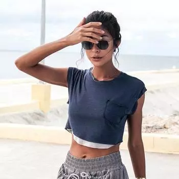 Spring and Summer Exercise Yoga Clothes T-shirt Women s Top Breathable Running Short Patchwork Contrast Color Fitness Short Sleeve Fake Two-Piece Navy blue M
