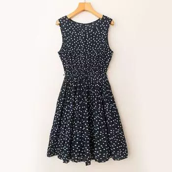 Spring and Summer Export K-style New Small Fresh Age-Reducing Casual Fashion round Neck Sleeveless Pullover Dress Dark Foundation White Dot 2XL