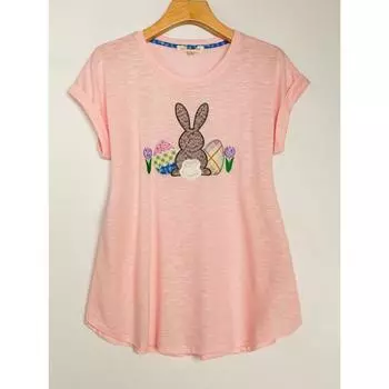 Spring and Summer Export K-style New Arrival Cute Anti-Aging Lively Casual round Neck Short Sleeve Pullover T-shirt Shallow powder XL
