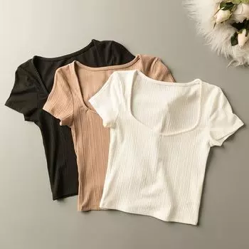 Spring and Summer Export K-style New Arrival Pure Color All-Match Slim Fit Age-Reducing Short Square Collar Short Sleeve Knitting Pullover Tops Black S