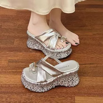 Spring and summer fashion rhinestone outer wear casual flip-flops thick bottom slope heel waterproof table transparent women s high heel cool slippers 34